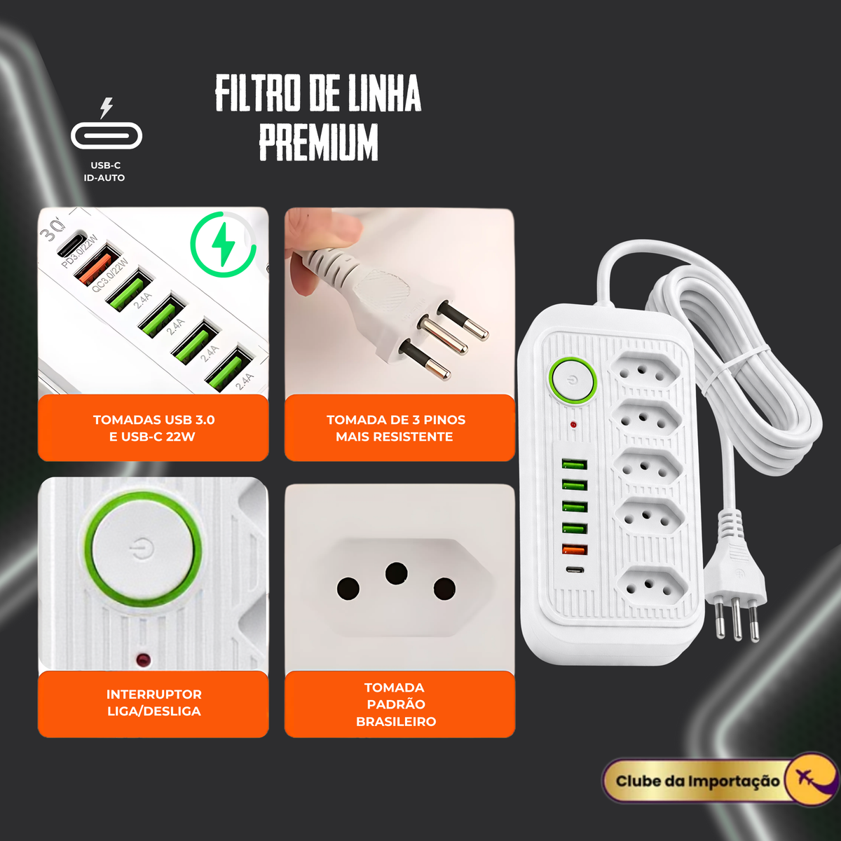Filtro De Linha Extensao 5 Tomadas Usb 1 Tipo-c 10a 2500w 2m Branco
