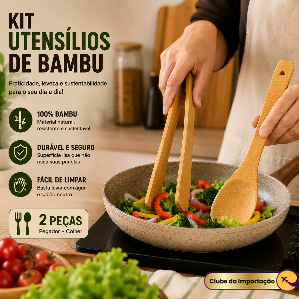 CONJUNTO DE UTENSILIOS EM BAMBU PEGADOR E COLHER