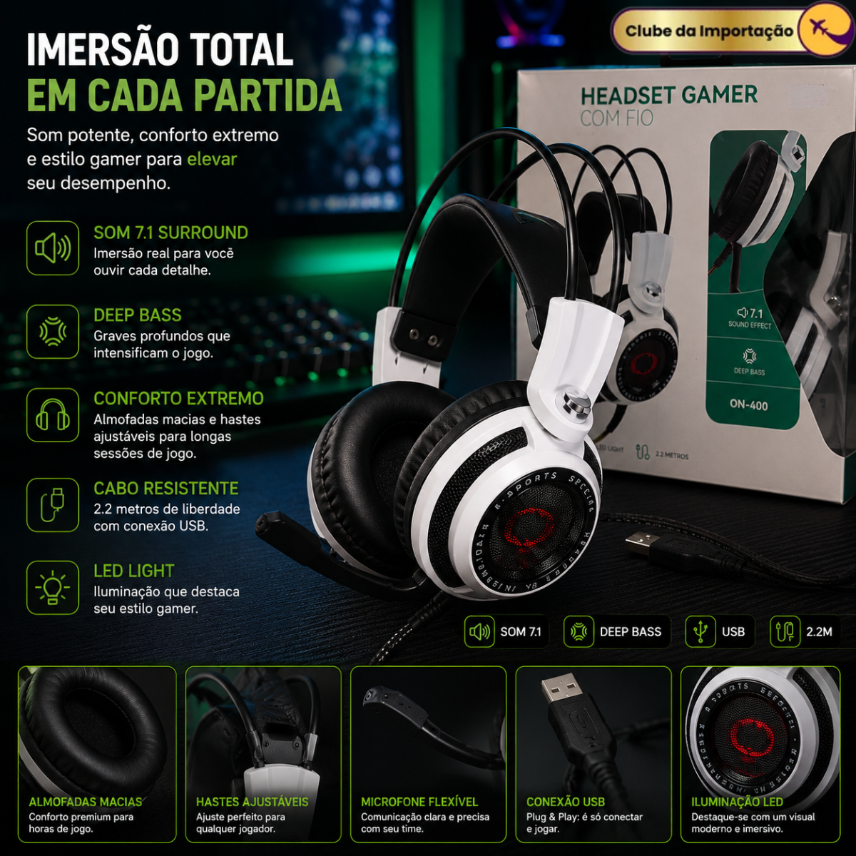 HEADSET GAMER COM FIO