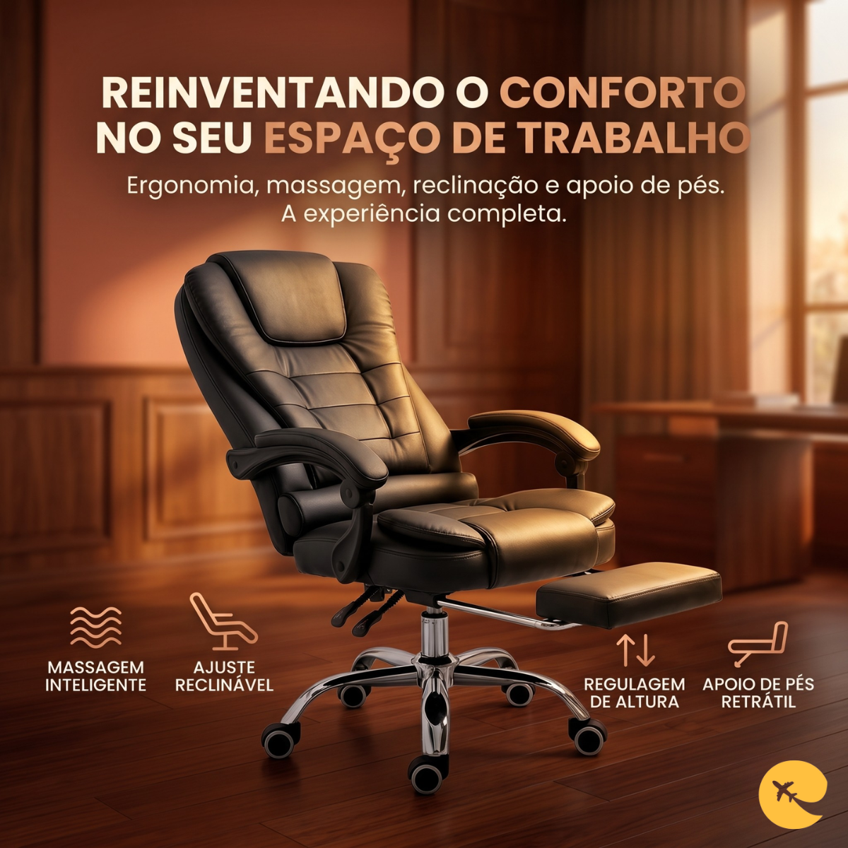 Cadeira de Escritório Executiva Ergonômica com Massagem e Apoio para Pés Retrátil