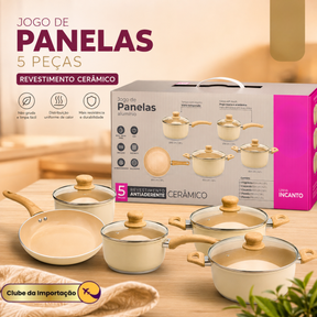 JOGO DE PANELAS COM REVESTIMENTO CERÂMICO CREME