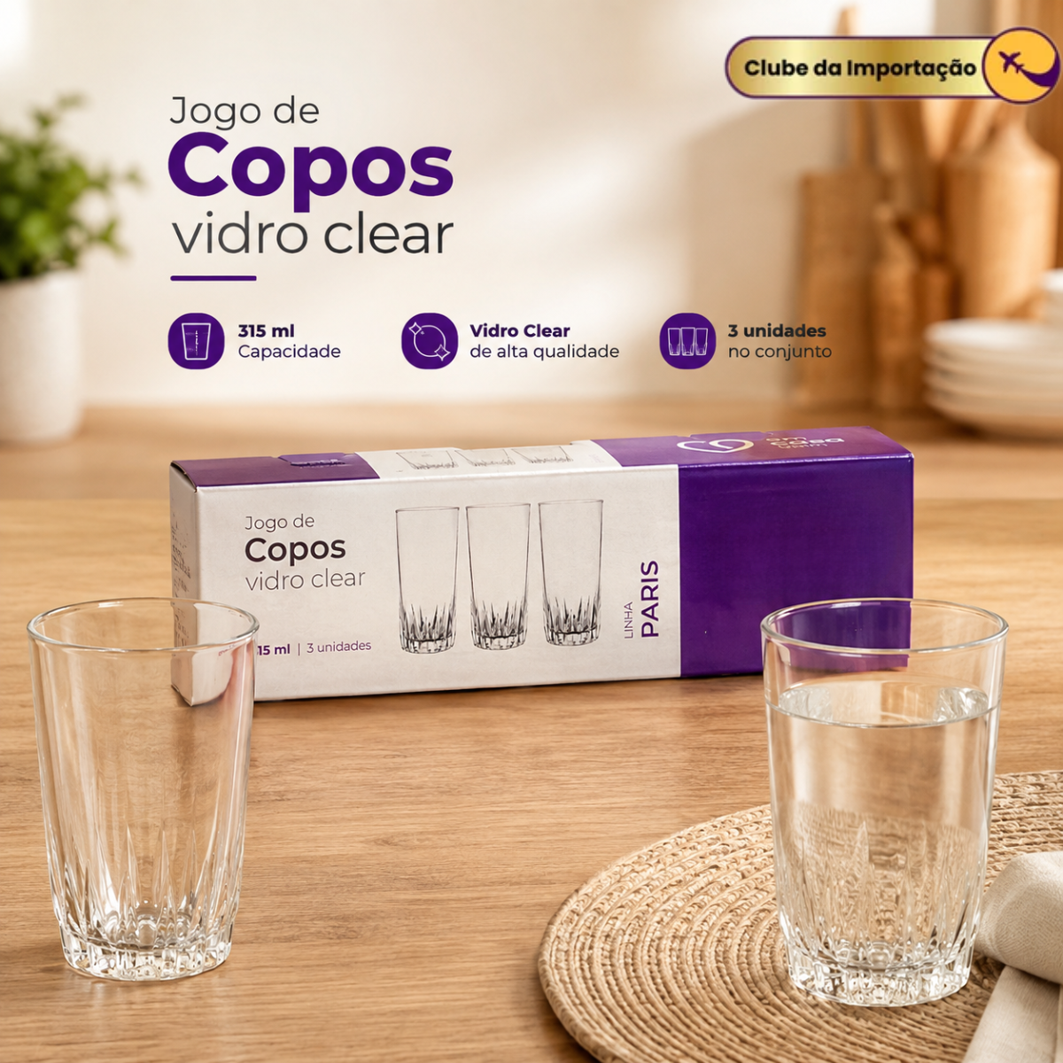 COPO DE VIDRO PARIS 315ML COM 3PÇS