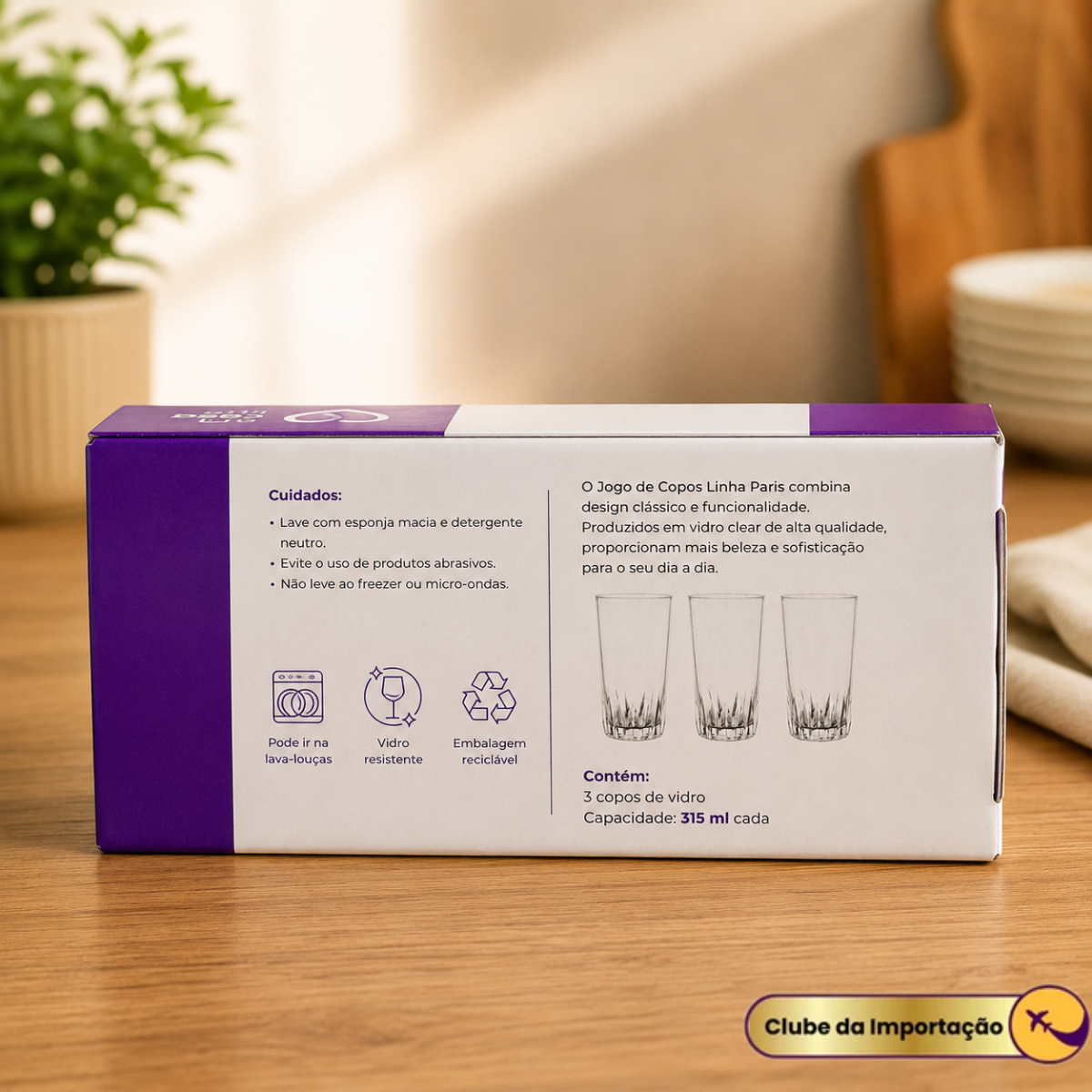 COPO DE VIDRO PARIS 315ML COM 3PÇS