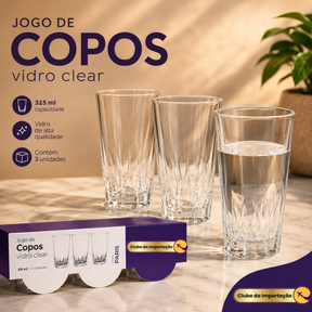 COPO DE VIDRO PARIS 315ML COM 3PÇS
