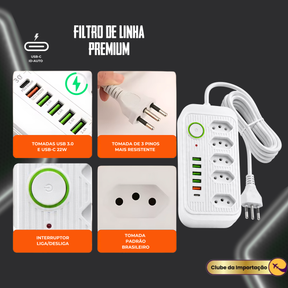 Filtro De Linha Extensao 5 Tomadas Usb 1 Tipo-c 10a 2500w 2m Branco