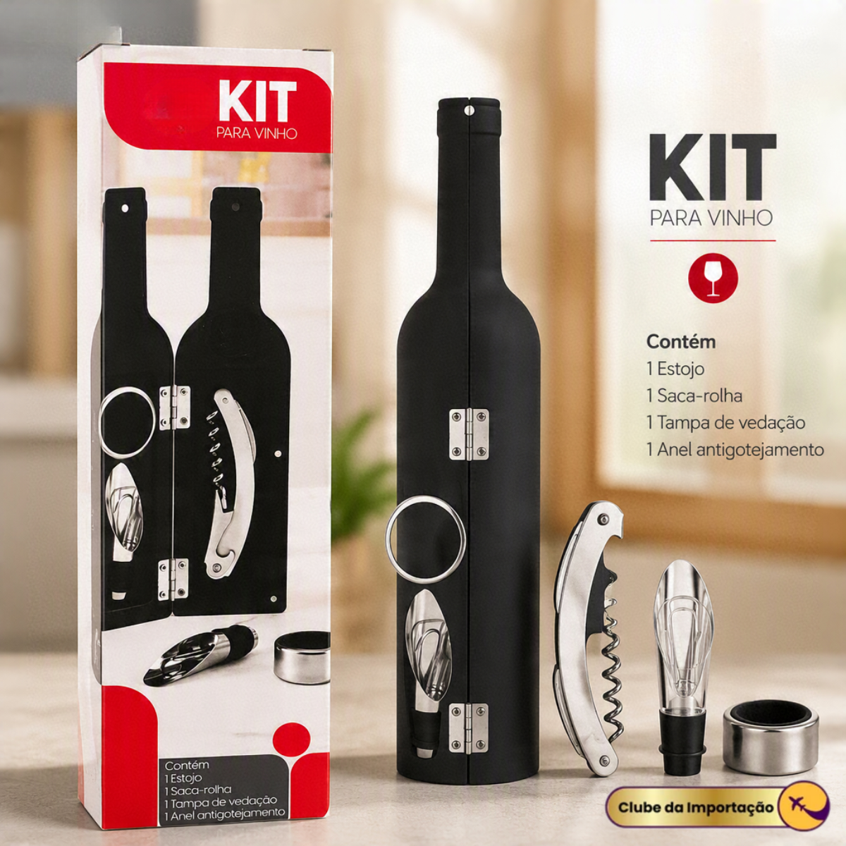 KIT PARA VINHO 3 PÇS GARRAFA PRETA