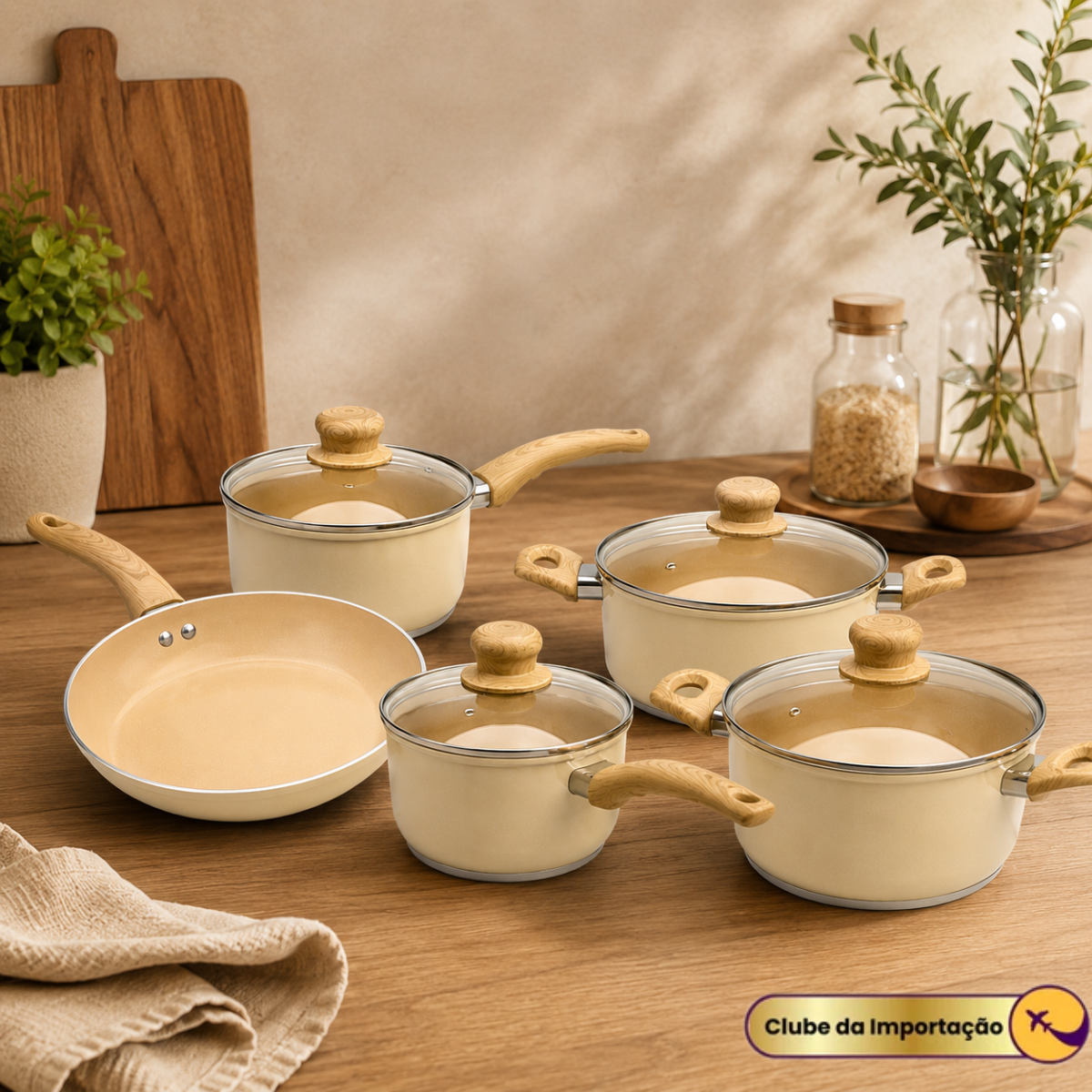 JOGO DE PANELAS COM REVESTIMENTO CERÂMICO CREME