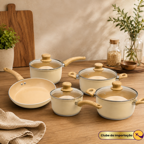 JOGO DE PANELAS COM REVESTIMENTO CERÂMICO CREME