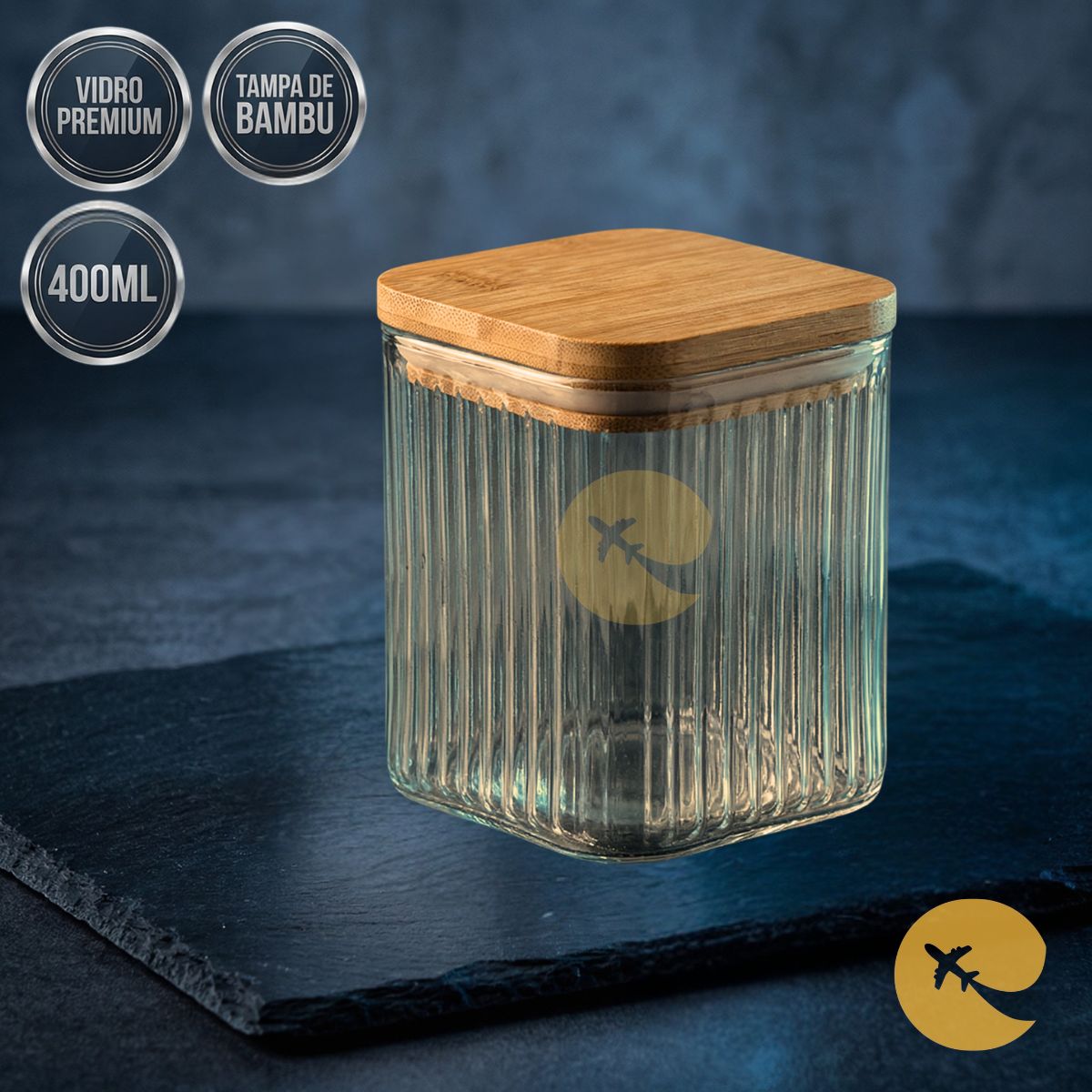POTE QUADRADO CANELADO TAMPA DE BAMBU 400ML