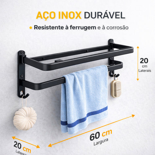 Porta Toalha Duplo Suporte Toalheiro Banheiro Duplo Adesivo Preto