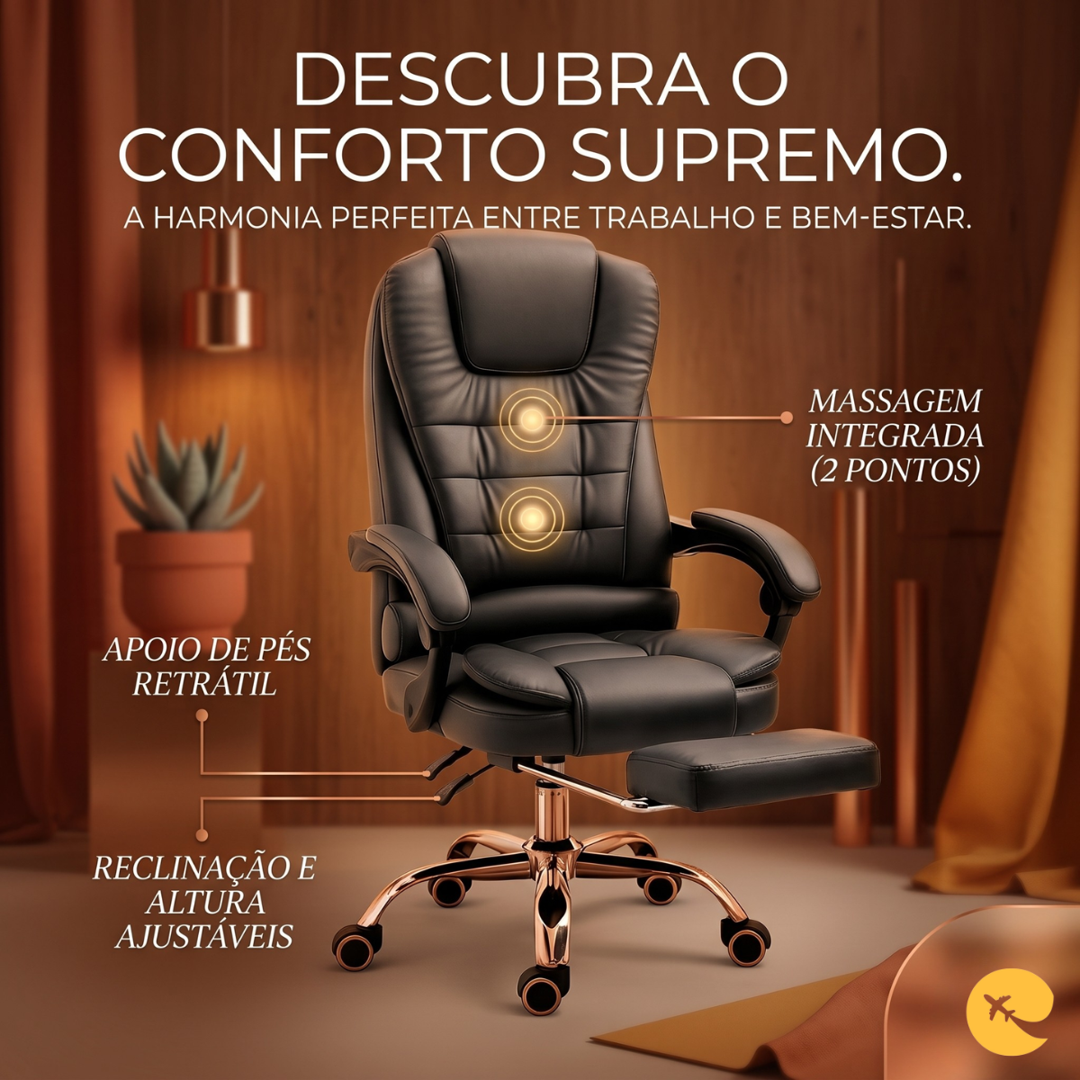 Cadeira de Escritório Executiva Ergonômica com Massagem e Apoio para Pés Retrátil