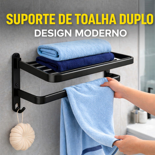 Porta Toalha Duplo Suporte Toalheiro Banheiro Duplo Adesivo Preto