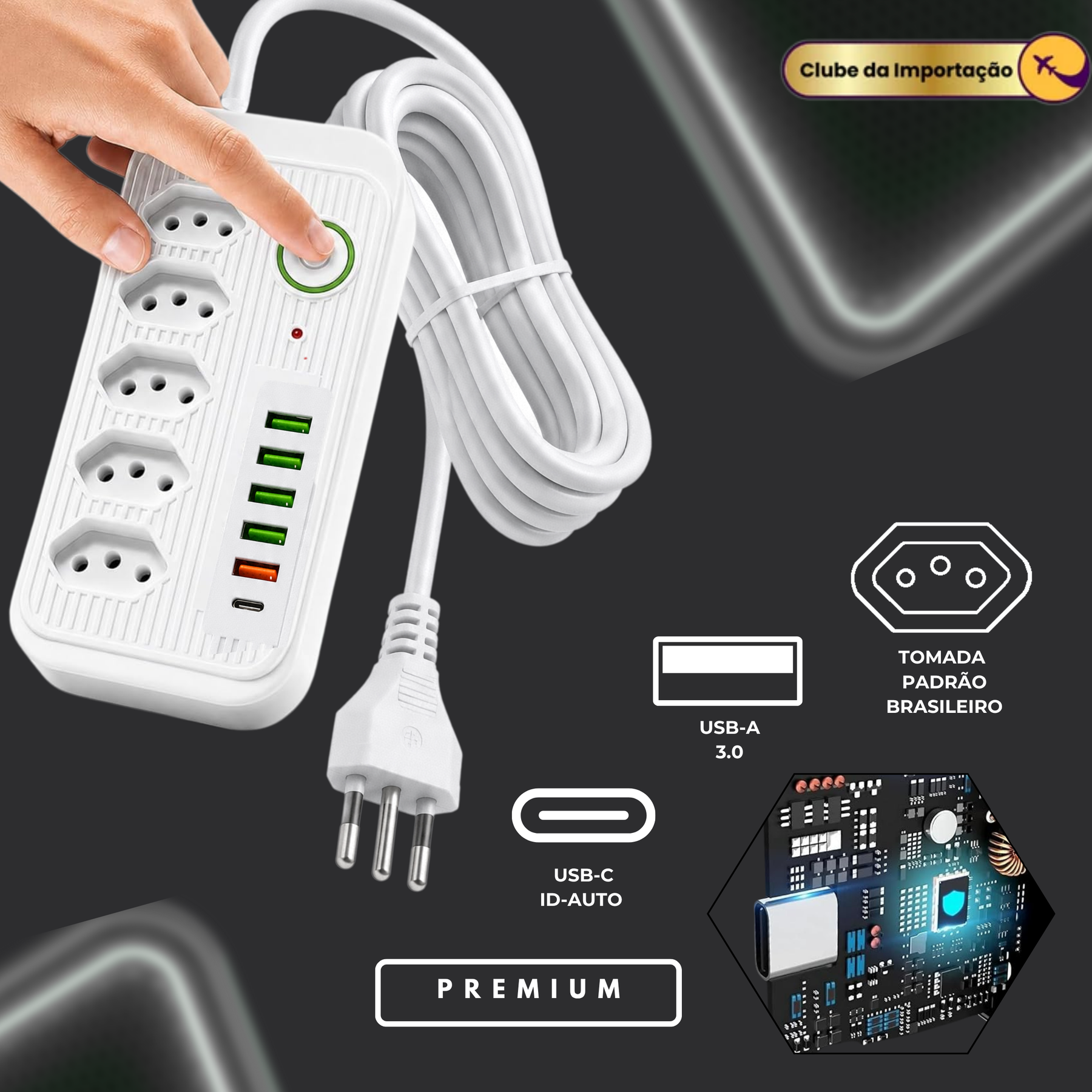 Filtro De Linha Extensao 5 Tomadas Usb 1 Tipo-c 10a 2500w 2m Branco