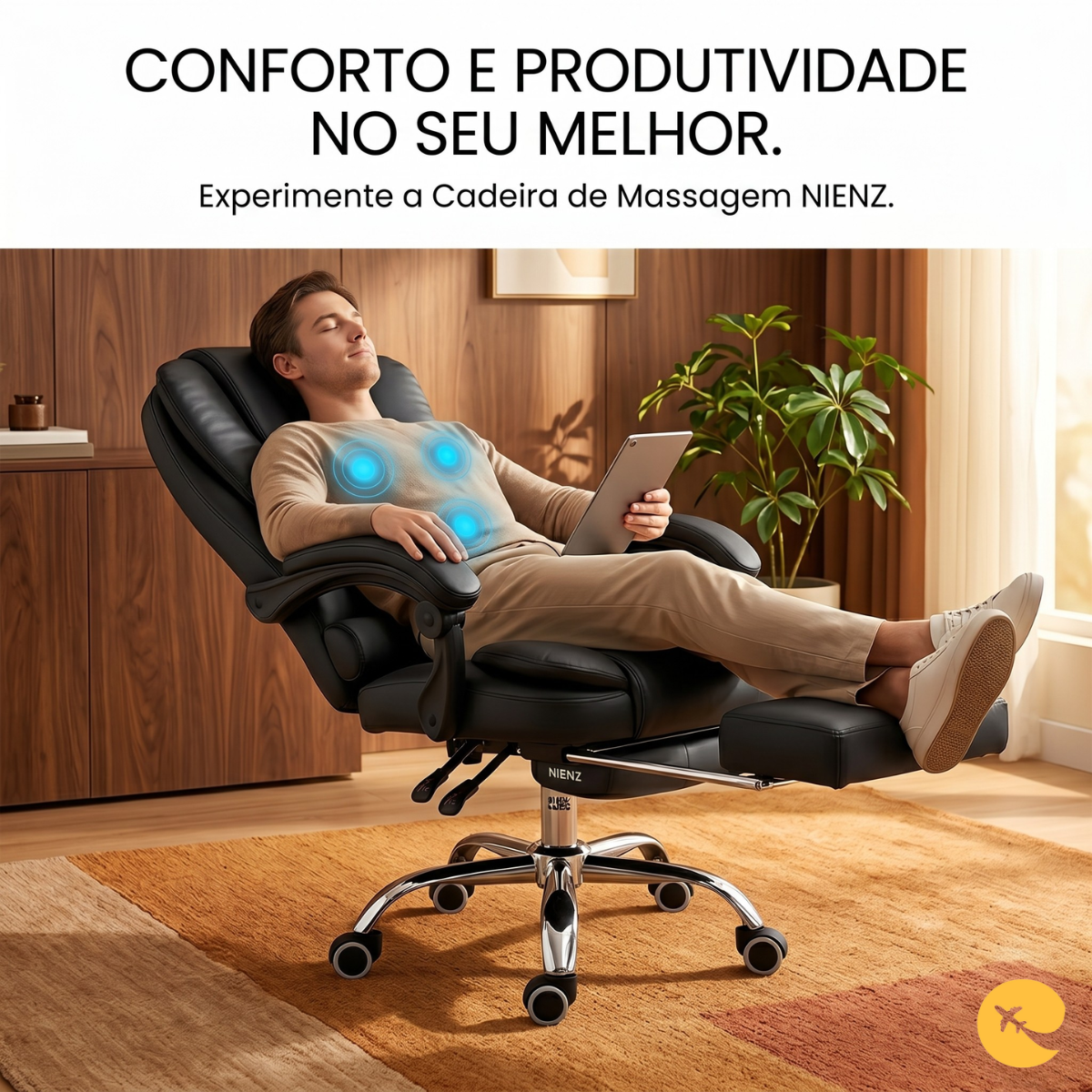 Cadeira de Escritório Executiva Ergonômica com Massagem e Apoio para Pés Retrátil