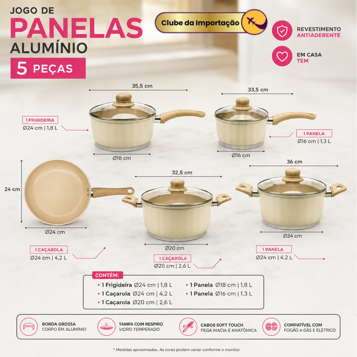 JOGO DE PANELAS COM REVESTIMENTO CERÂMICO CREME