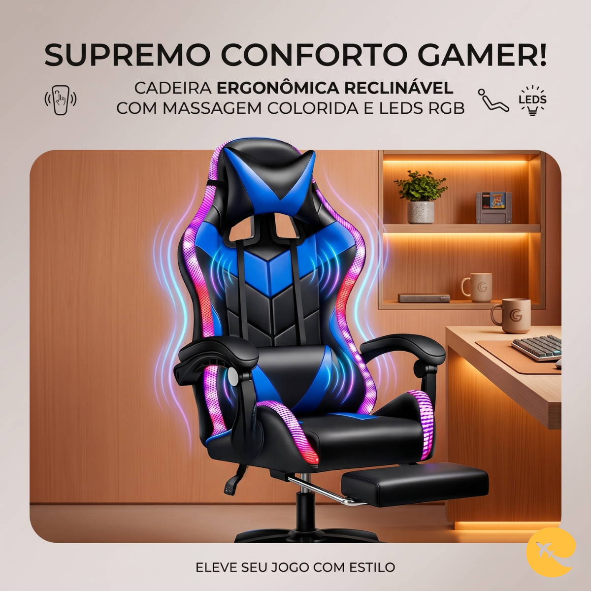 CADEIRA GAMER RGB/MASSAGEM Cobra AZUL