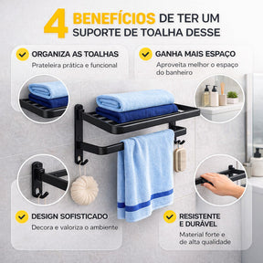 Porta Toalha Duplo Suporte Toalheiro Banheiro Duplo Adesivo Preto