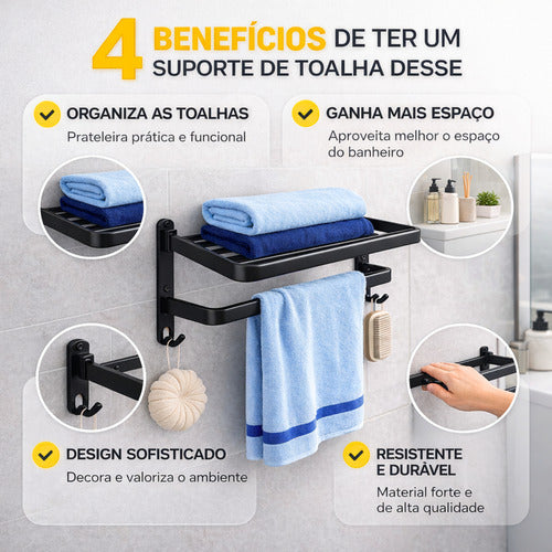 Porta Toalha Duplo Suporte Toalheiro Banheiro Duplo Adesivo Preto