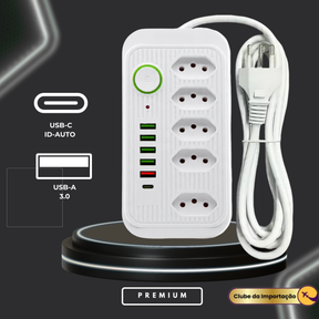 Filtro De Linha Extensao 5 Tomadas Usb 1 Tipo-c 10a 2500w 2m Branco