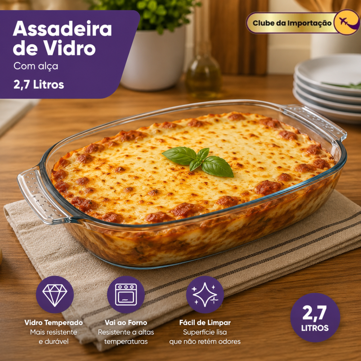 ASSADEIRA DE VIDRO COM ALÇA 2,7L