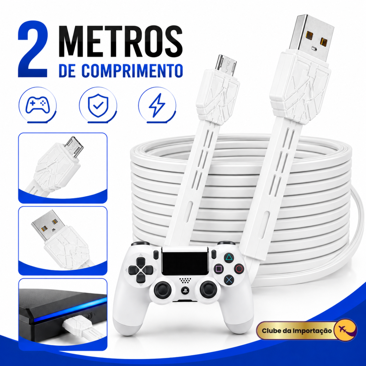 Cabo Carregador Micro Usb V8 Resistente Estilo Gamer - BRANCO