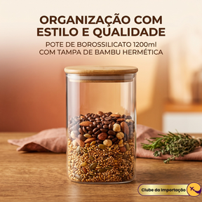 POTE VIDRO BOROSSILICATO QUADRADO BAMBU 1200ML