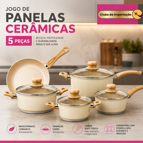 JOGO DE PANELAS COM REVESTIMENTO CERÂMICO CREME