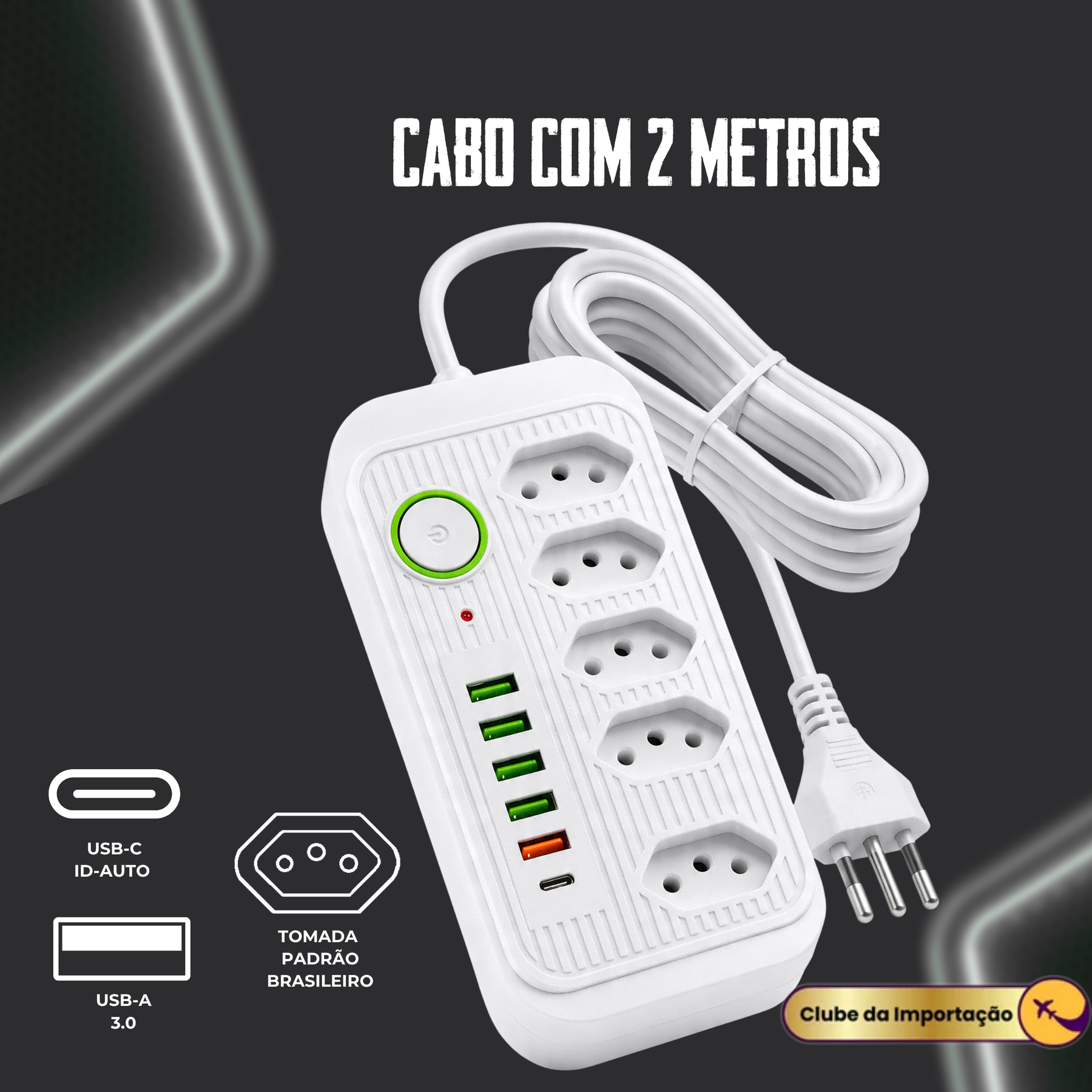 Filtro De Linha Extensao 5 Tomadas Usb 1 Tipo-c 10a 2500w 2m Branco