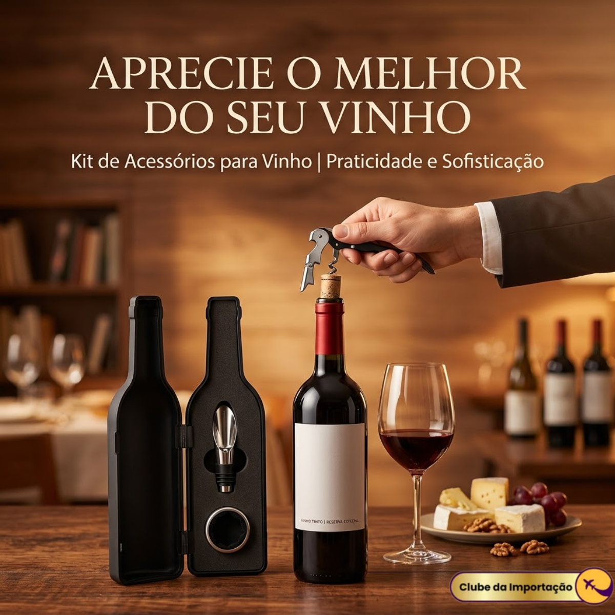 KIT PARA VINHO 3 PÇS GARRAFA PRETA