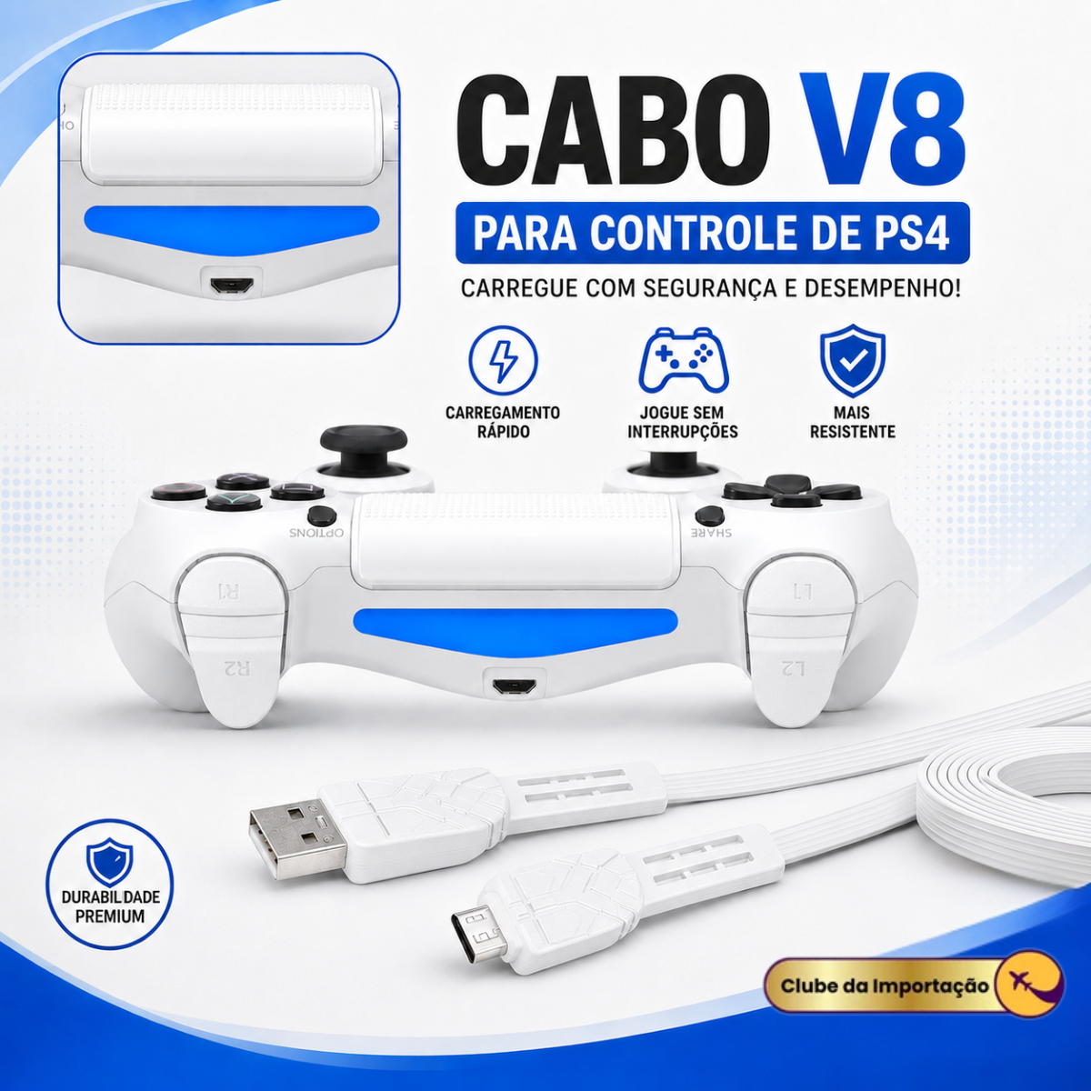 Cabo Carregador Micro Usb V8 Resistente Estilo Gamer - BRANCO
