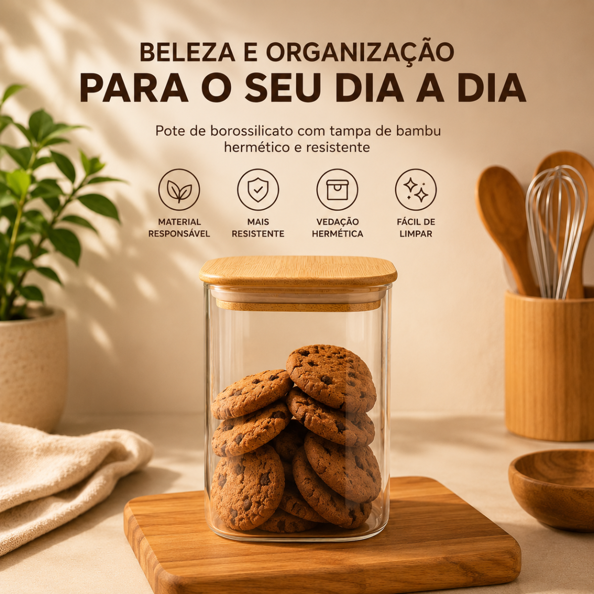 POTE VIDRO BOROSSILICATO QUADRADO BAMBU 1200ML