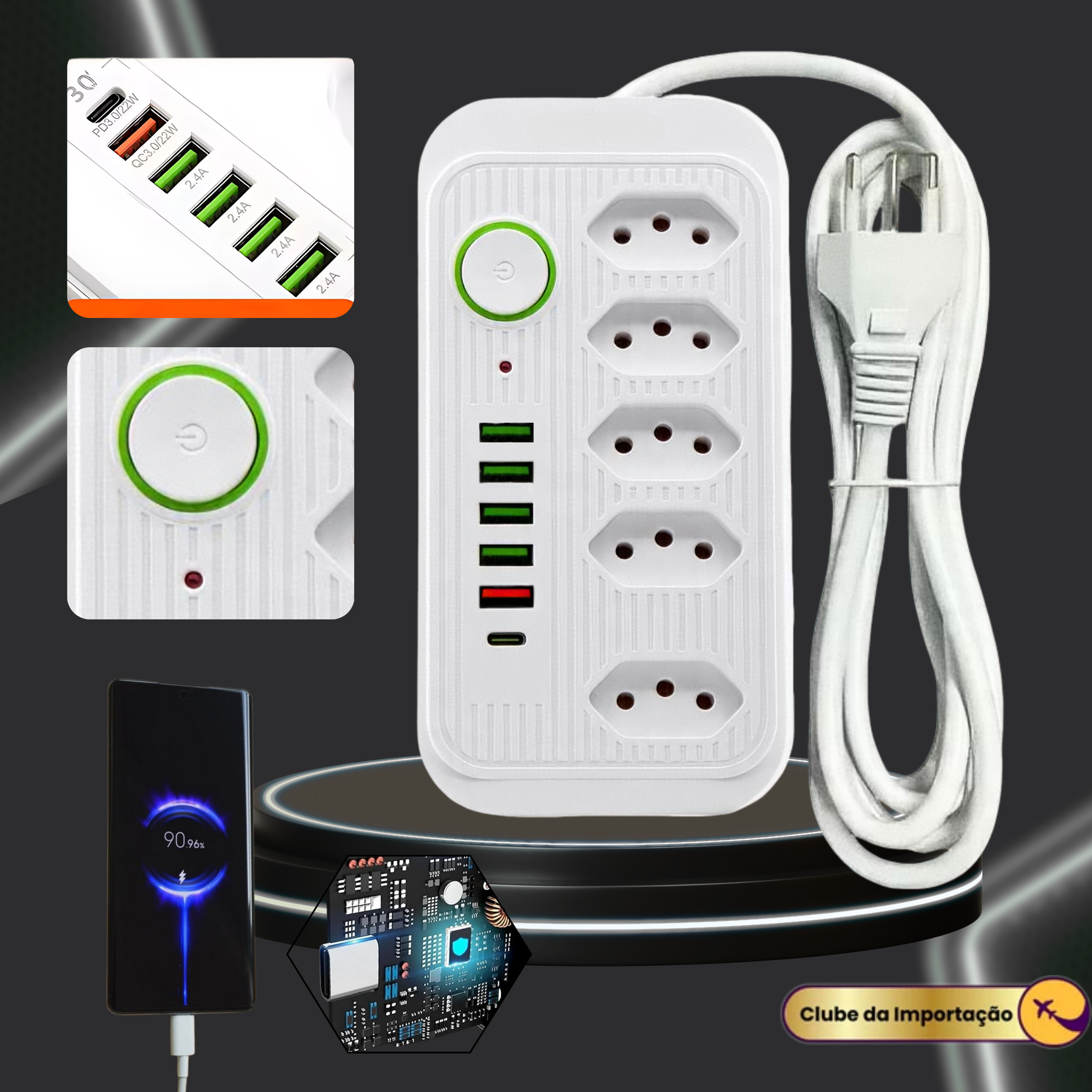Filtro De Linha Extensao 5 Tomadas Usb 1 Tipo-c 10a 2500w 2m Branco