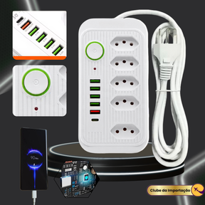 Filtro De Linha Extensao 5 Tomadas Usb 1 Tipo-c 10a 2500w 2m Branco