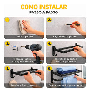 Porta Toalha Duplo Suporte Toalheiro Banheiro Duplo Adesivo Preto