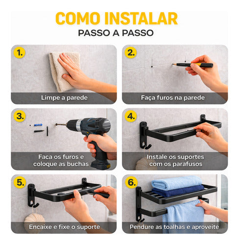 Porta Toalha Duplo Suporte Toalheiro Banheiro Duplo Adesivo Preto