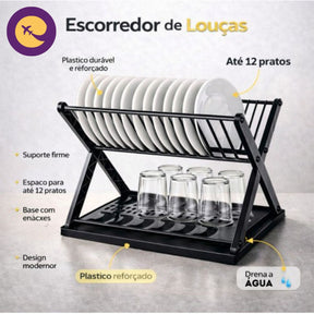 Escorredor Louça 2 Andares Preto  Organizador  Pratos Copos Preto