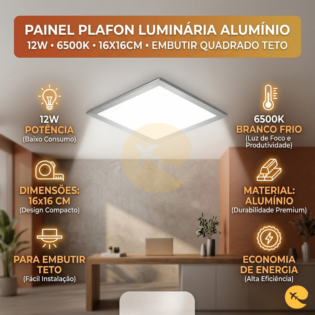 Painel Plafon Luminaria Aluminio 12w Embutir Quadrado 6500K
