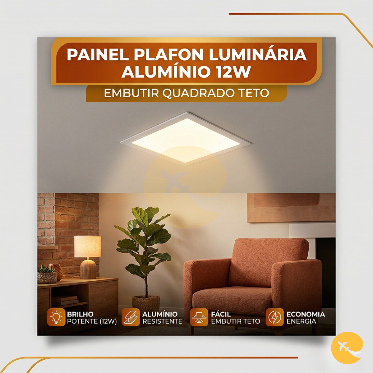 Painel Plafon Luminaria Aluminio 12w Embutir Quadrado 6500K