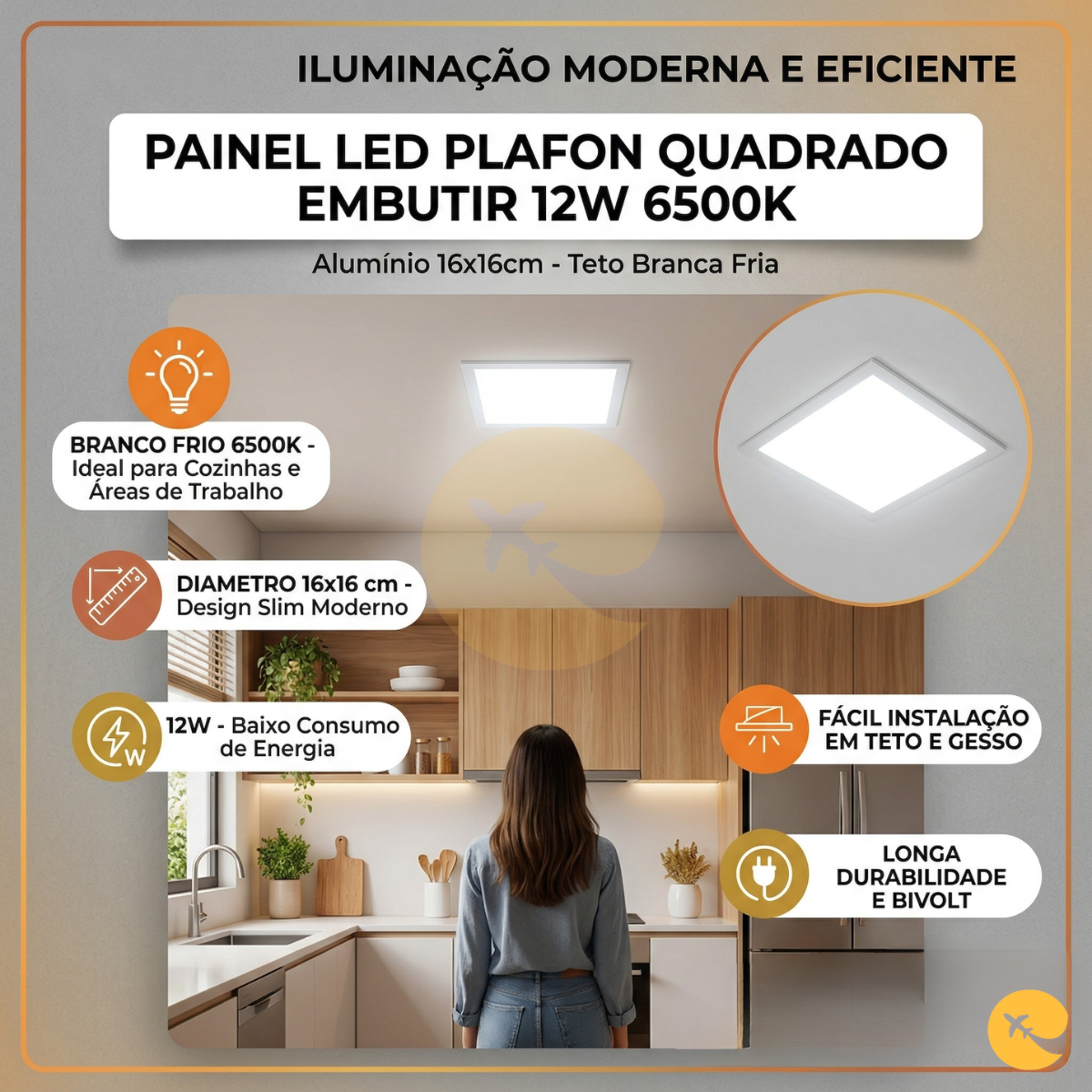Painel Plafon Luminaria Aluminio 12w Embutir Quadrado 6500K