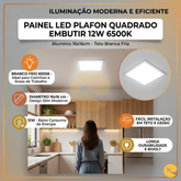 Painel Plafon Luminaria Aluminio 12w Embutir Quadrado 6500K