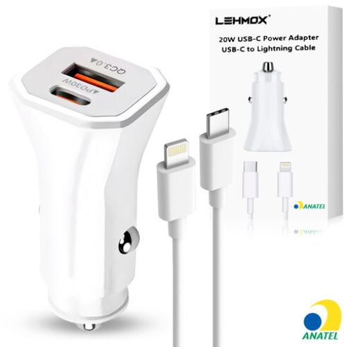 Carregador de Celular Veicular USB + Type-C PD 20W com Cabo Lightning LEHMOX - LE-355 IOS Para Iphone