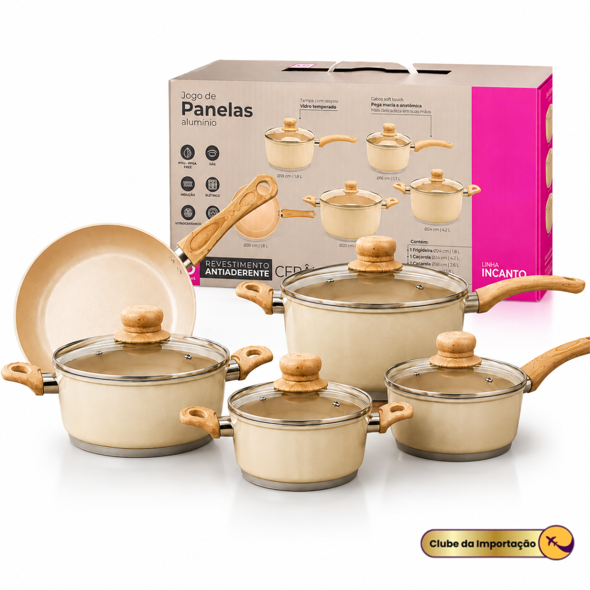 JOGO DE PANELAS COM REVESTIMENTO CERÂMICO CREME