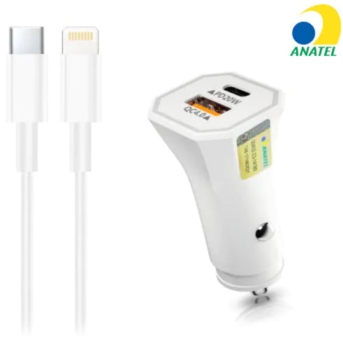 Carregador de Celular Veicular USB + Type-C PD 20W com Cabo Lightning LEHMOX - LE-355 IOS Para Iphone
