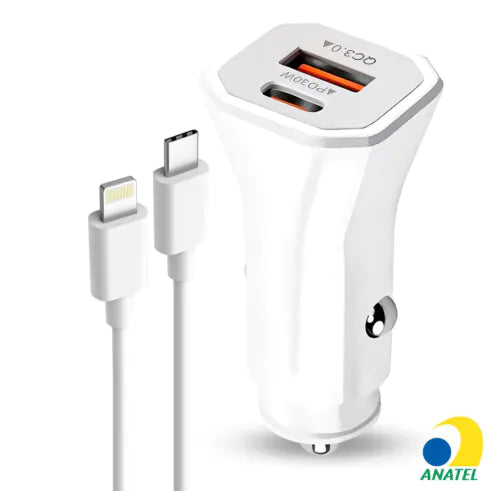 Carregador de Celular Veicular USB + Type-C PD 20W com Cabo Lightning LEHMOX - LE-355 IOS Para Iphone