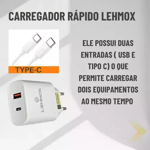 Carregador Rápido Turbo Duplo 5.1a Tipo-c E Usb + Cabo Premium
