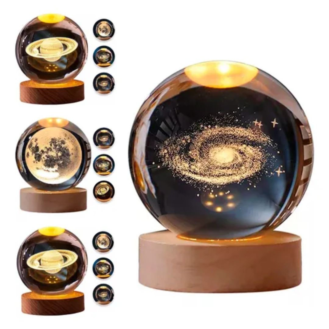 Luminária LED Bola de Cristal 3D com Base de Madeira – Iluminação Decorativa Sofisticada!