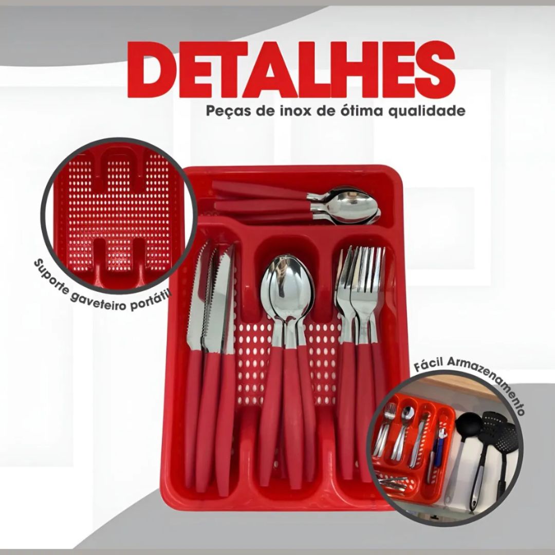 JOGO DE TALHER VERMELHO COM PORTA TALHERES